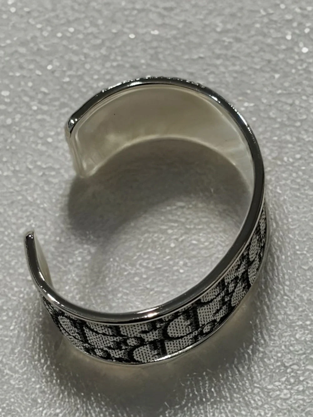 Designer-Inspired Silver Cuff Bracelet with Black and White Monogram Inlay